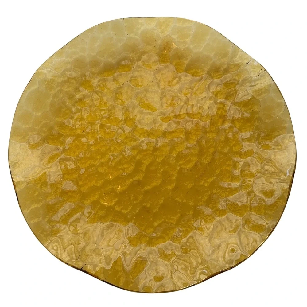 Vtg. Glass Serving Plate Amber Hammered Scalloped MCM Retro Decor